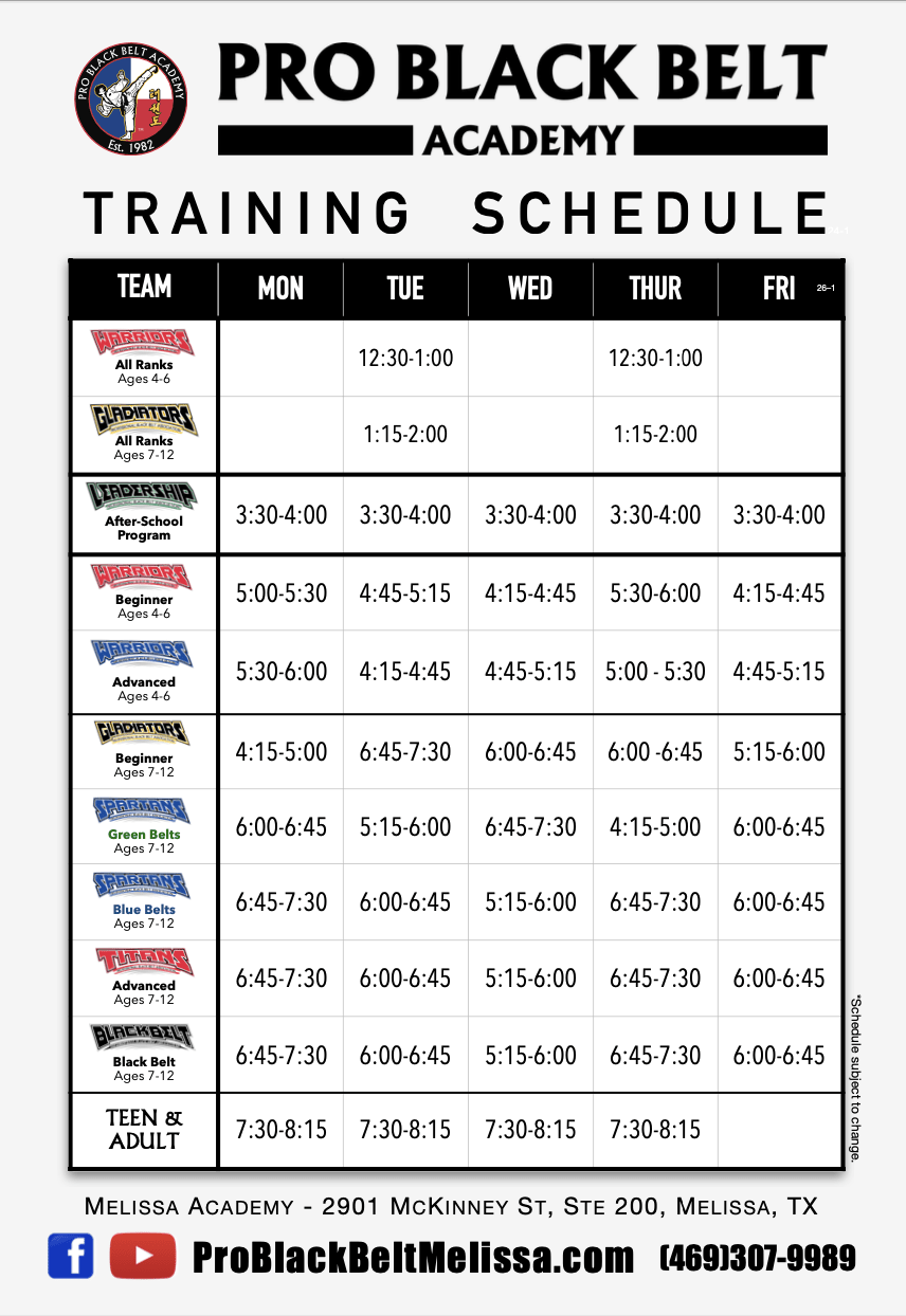 Professional Blackbelt Academy - Melissa Schedule