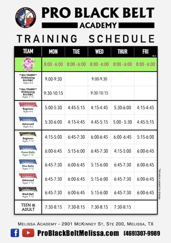Professional Blackbelt Academy - Melissa Schedule
