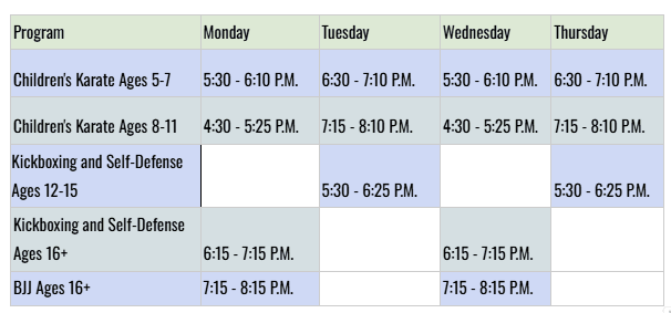 Arc Systems Martial Arts Schedule