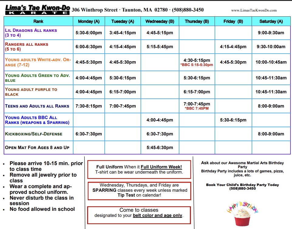Lima's Tae Kwon-Do Schedule