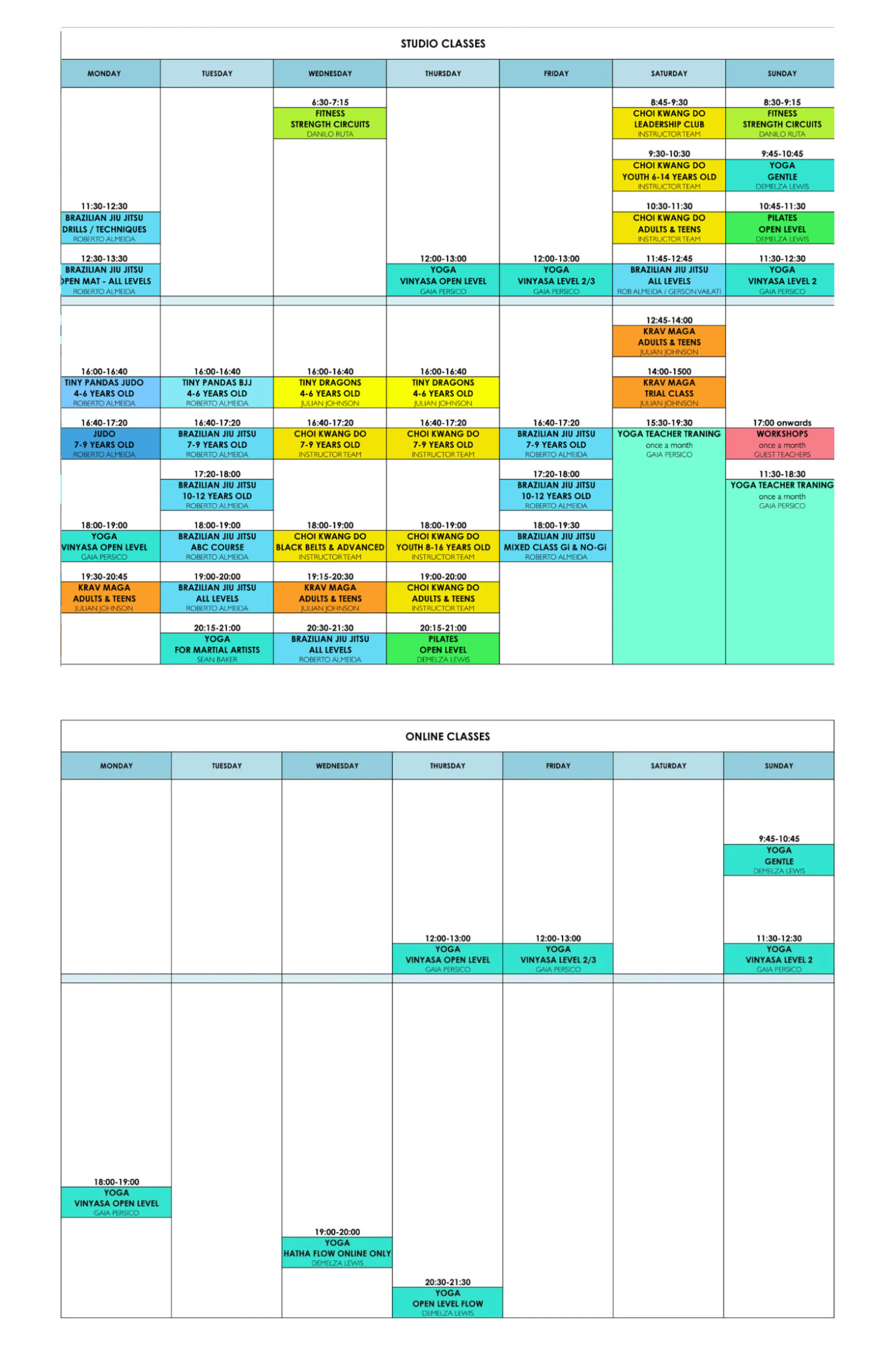 Martial Arts and Yoga Schedule