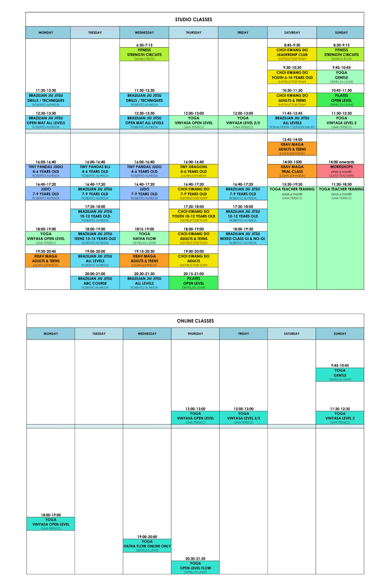 Martial Arts and Yoga Schedule