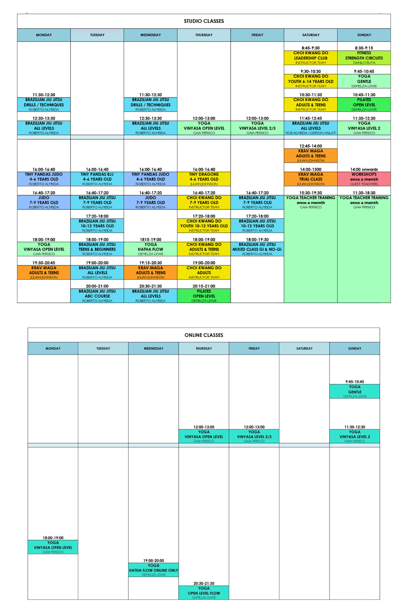 Martial Arts and Yoga Schedule