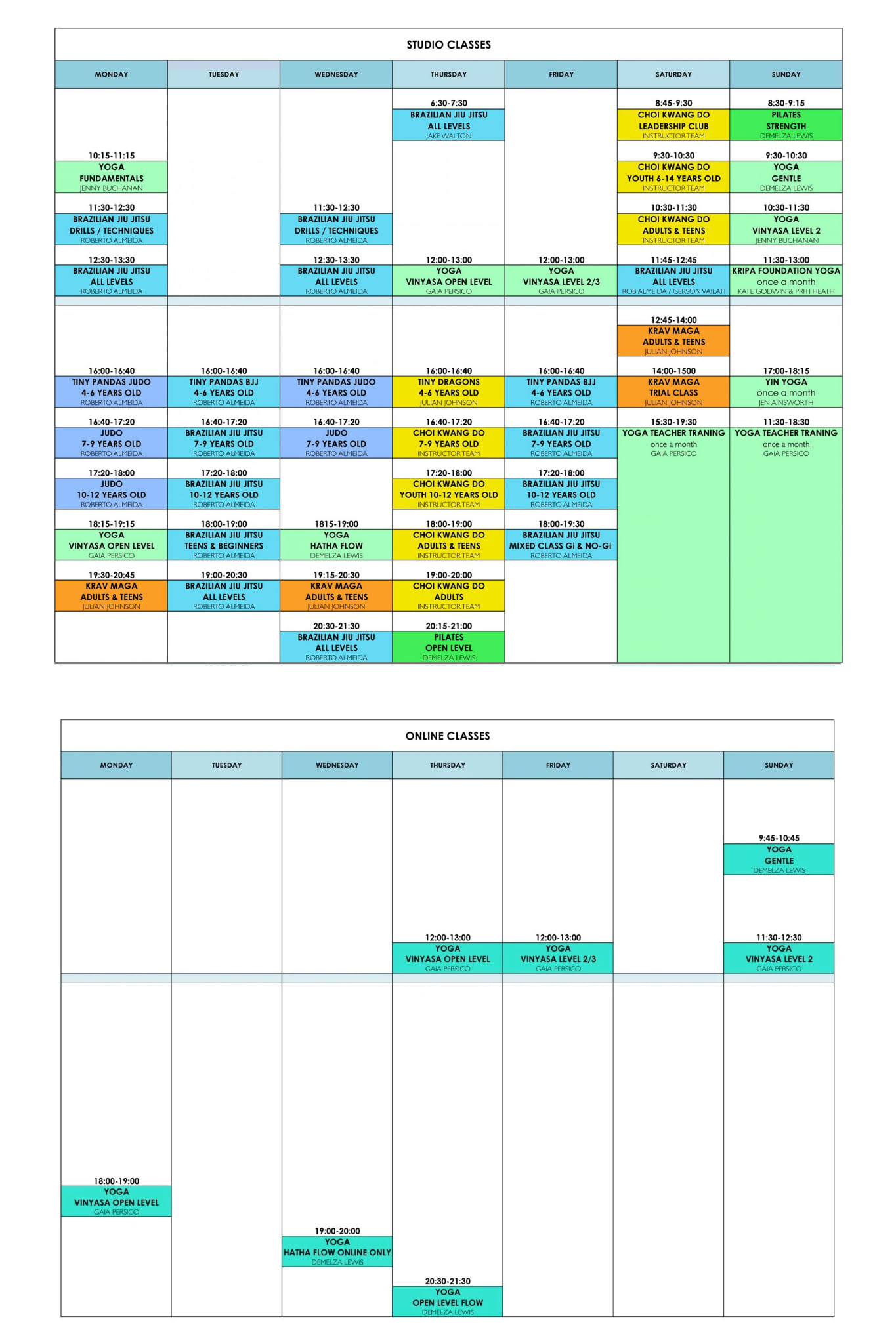 Martial Arts and Yoga Schedule