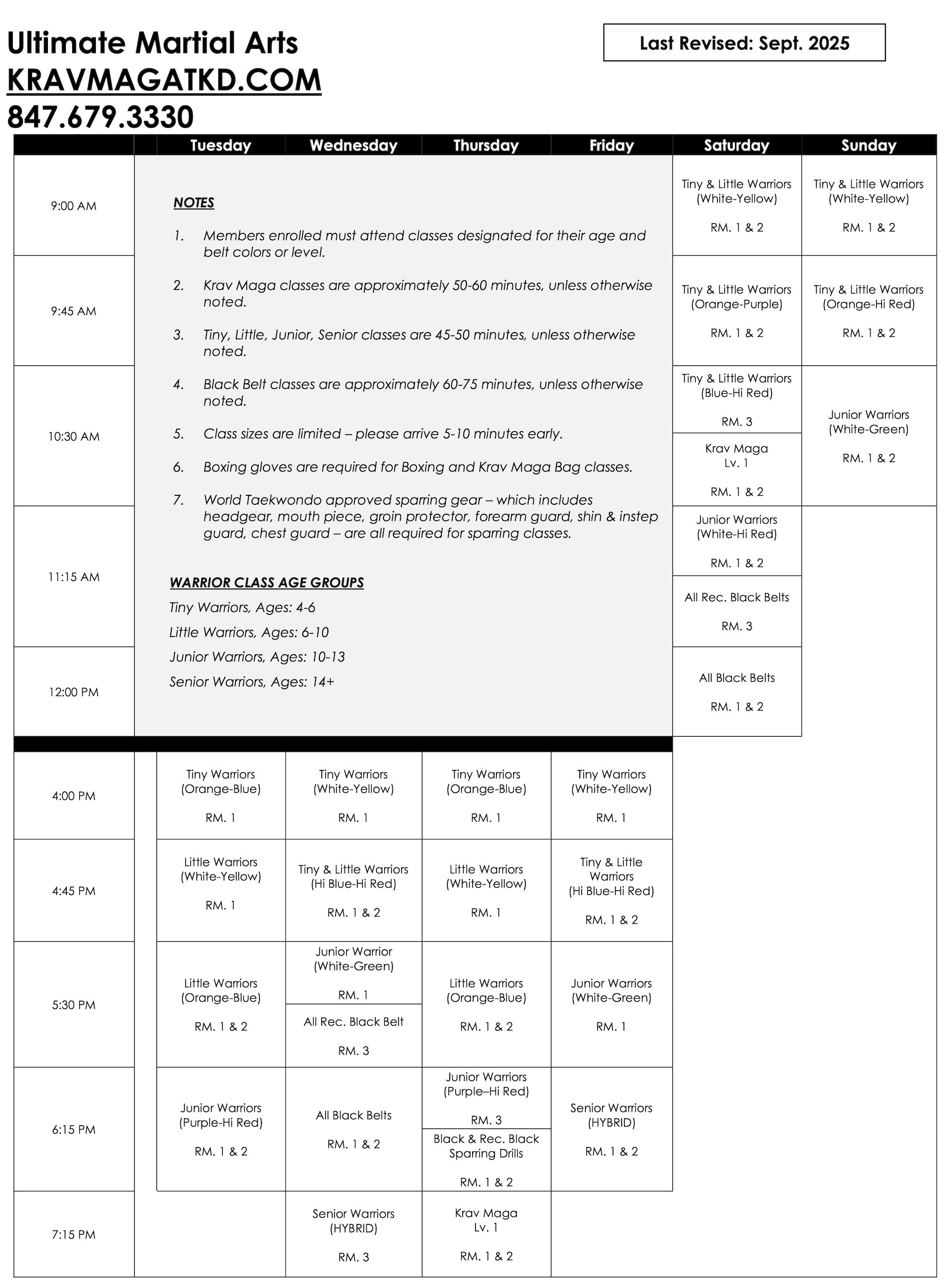 Ultimate Martial Arts - Chicago  Schedule