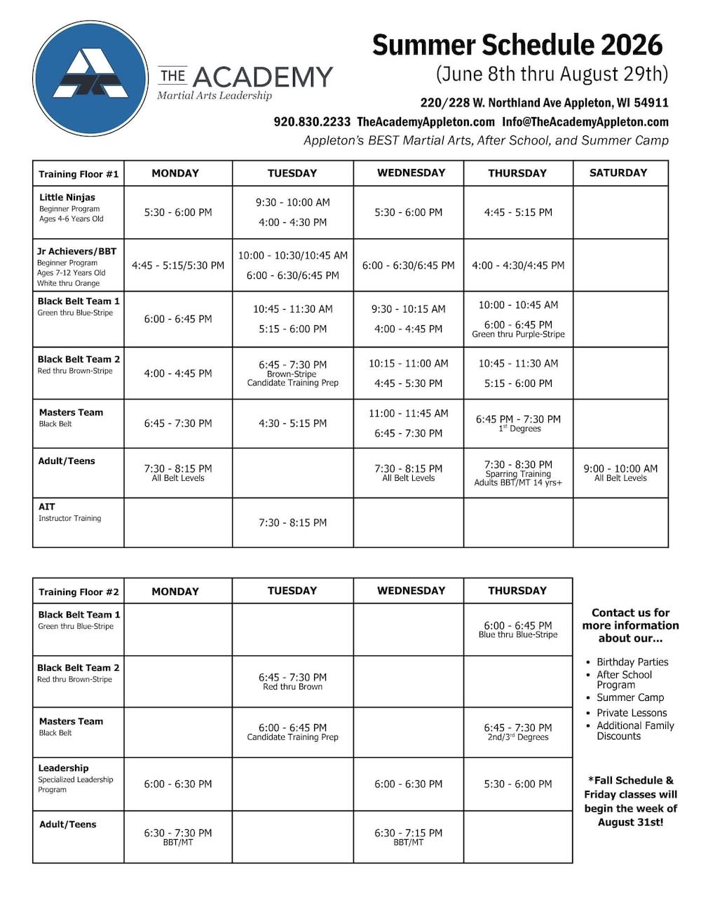 The Academy - Martial Arts Leadership  Schedule