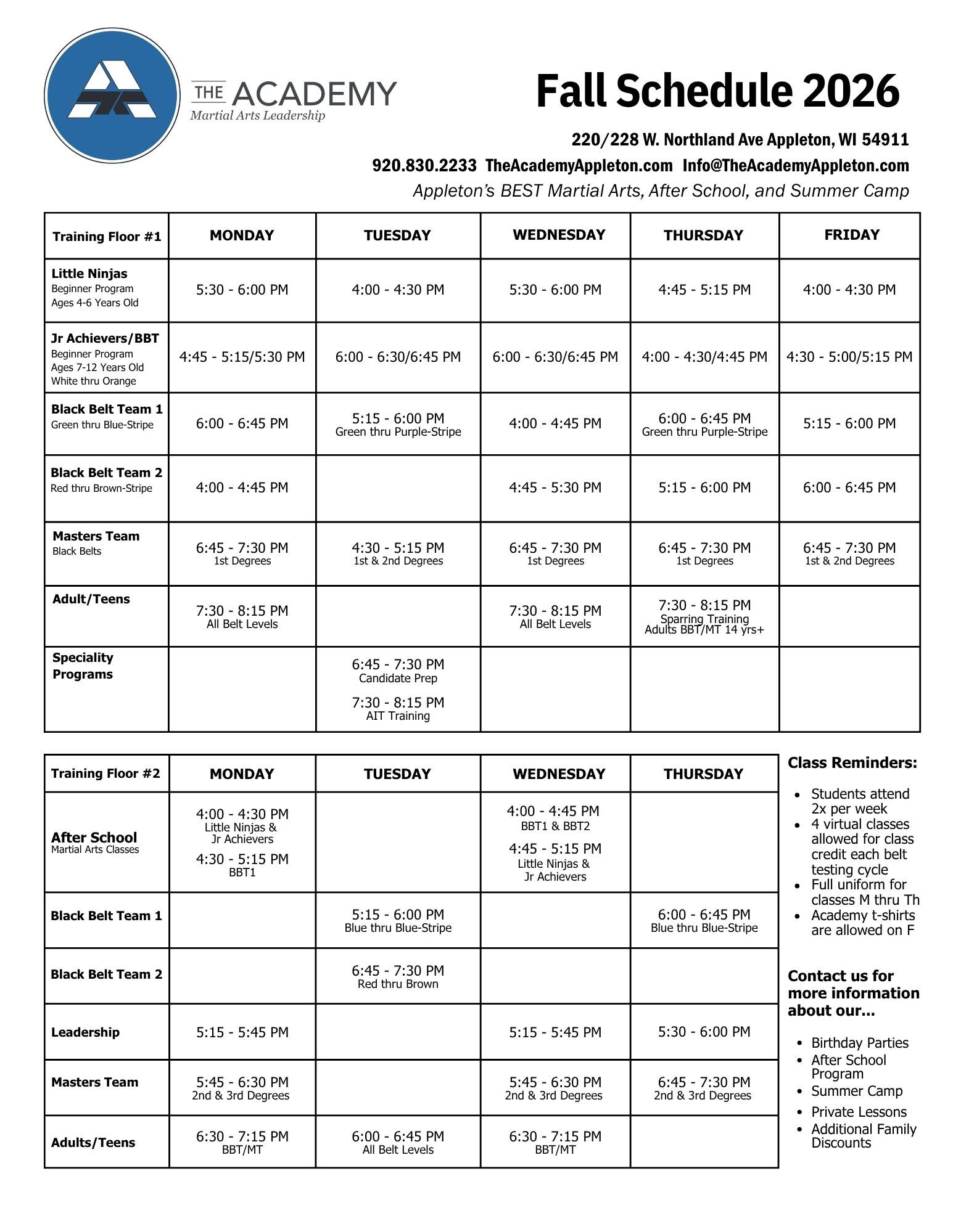 The Academy - Martial Arts Leadership  Schedule
