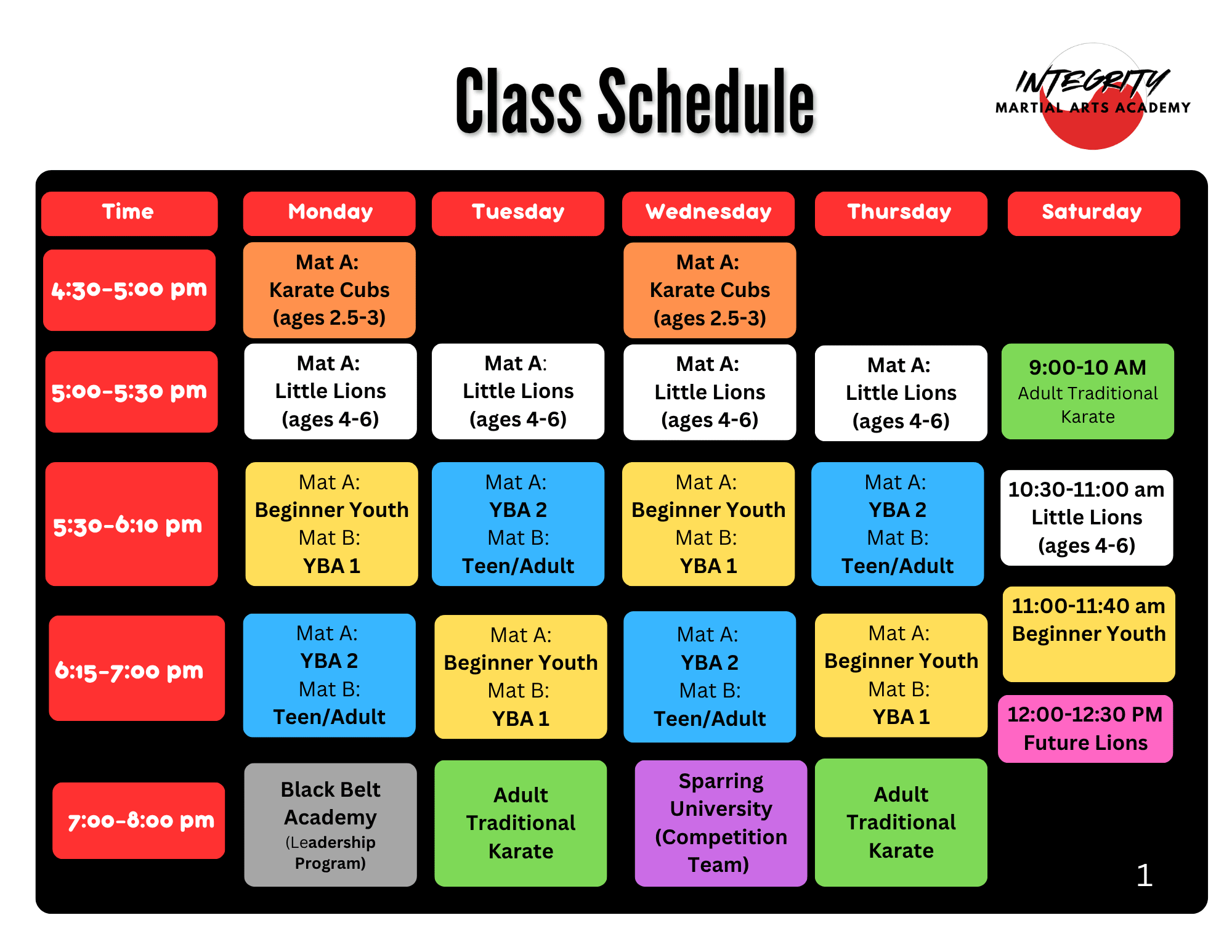 Integrity Martial Arts Academy Schedule
