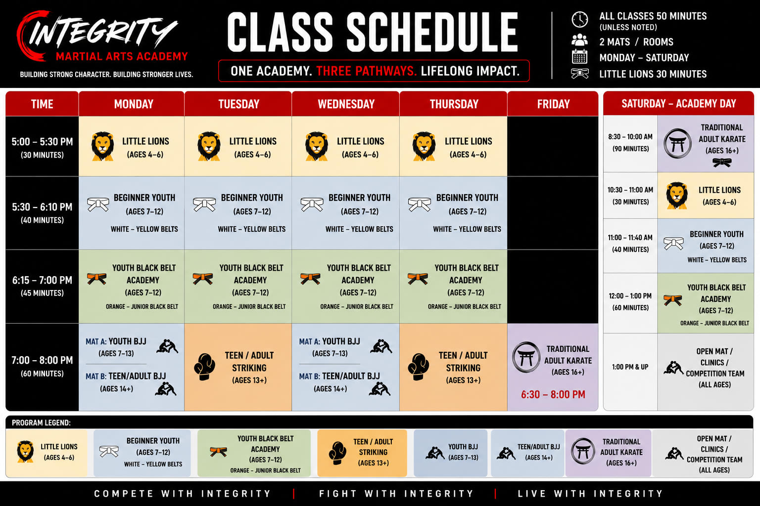 Integrity Martial Arts Academy Schedule