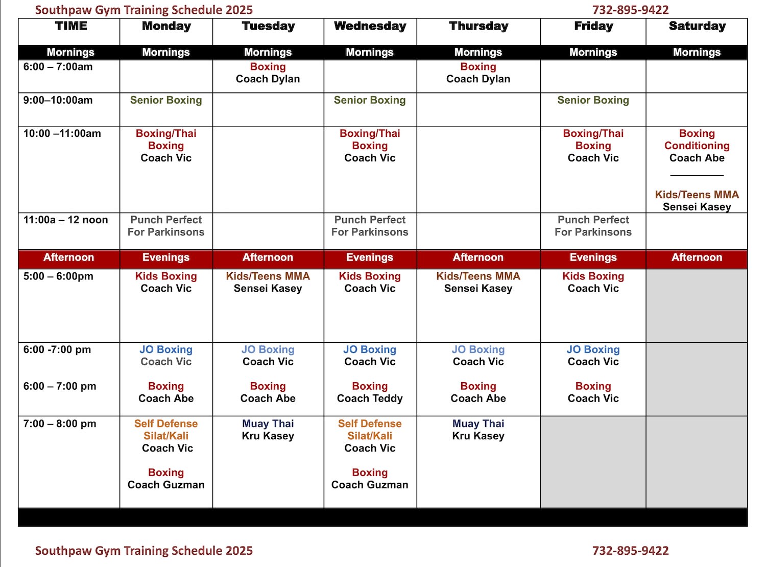Southpaw Gym Schedule