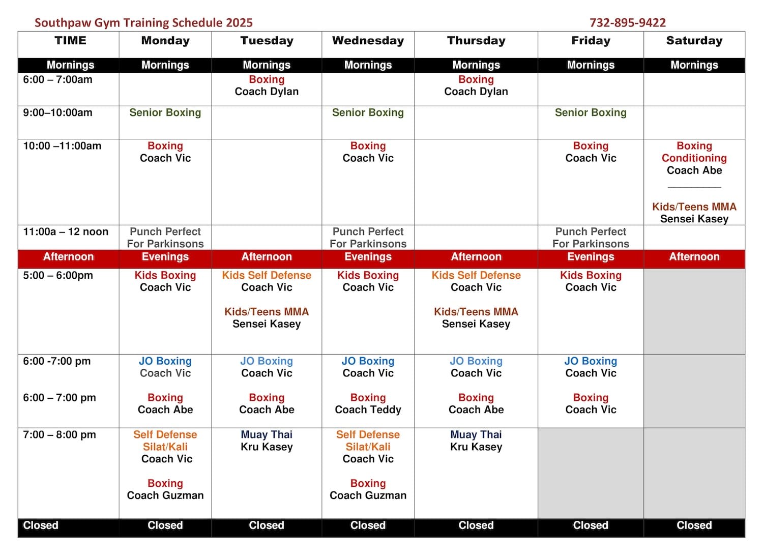 Southpaw Gym Schedule