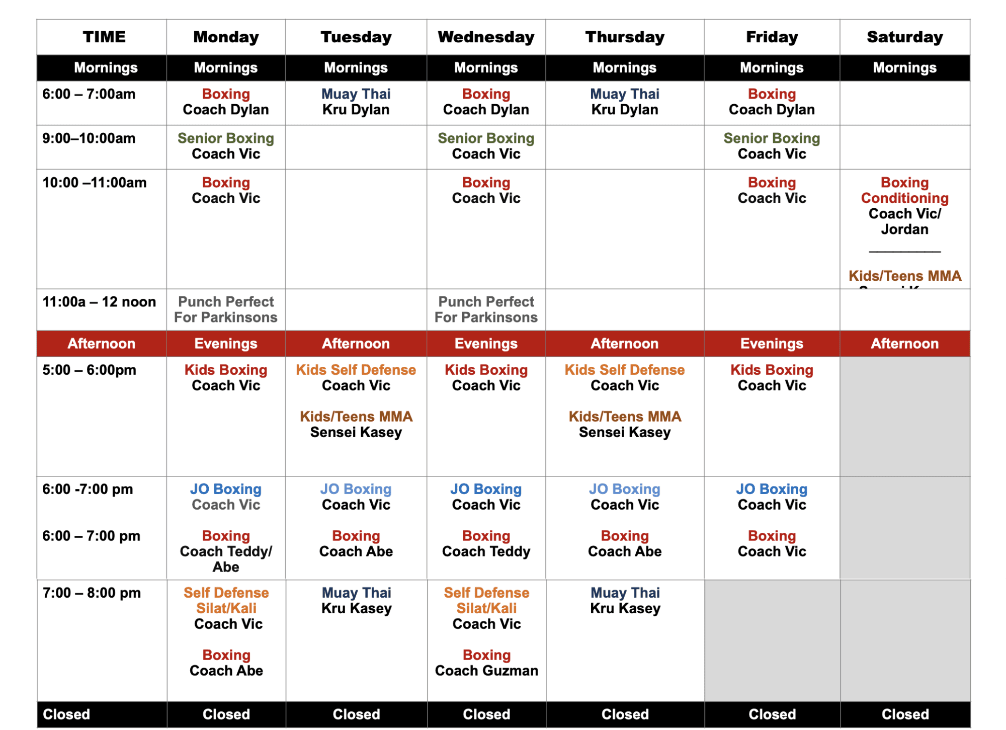Southpaw Gym Schedule