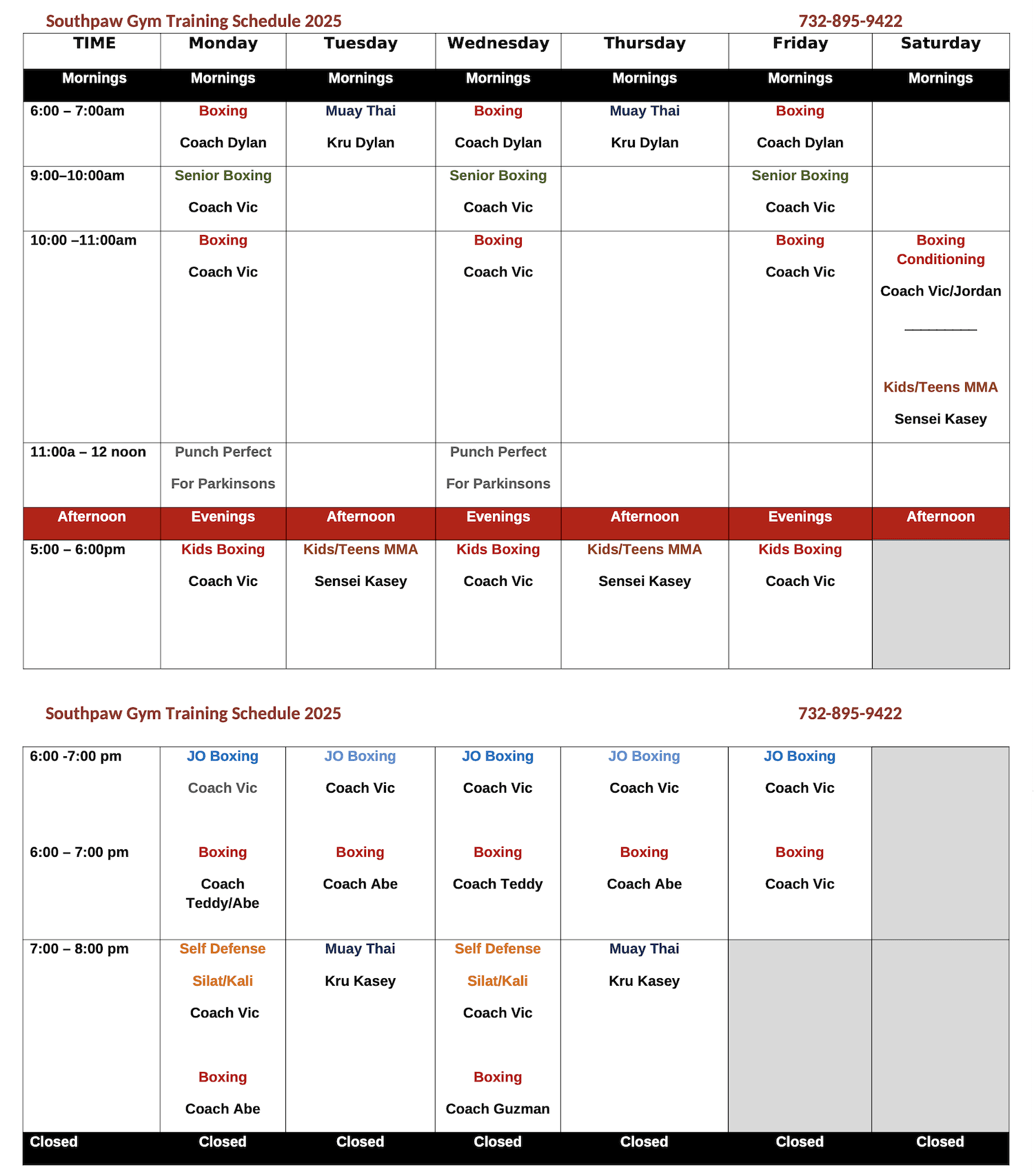 Southpaw Gym Schedule