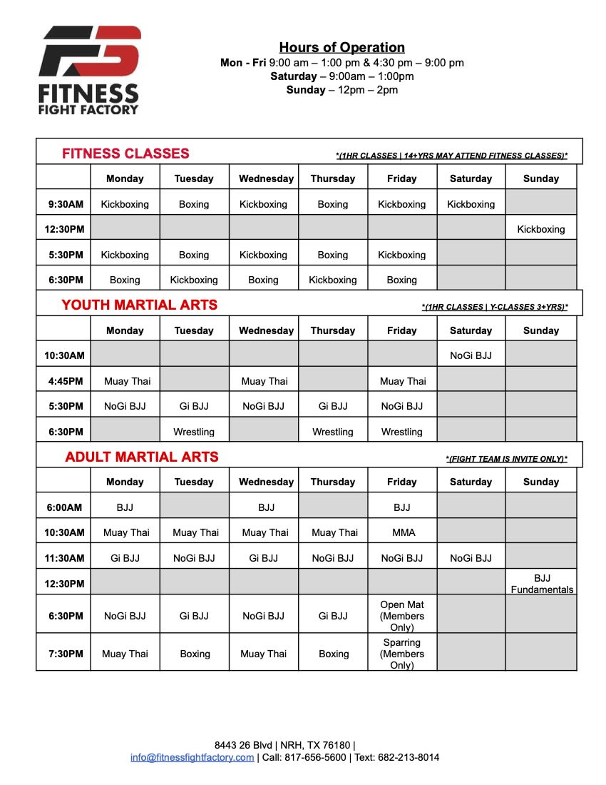 Fitness Fight Factory Schedule