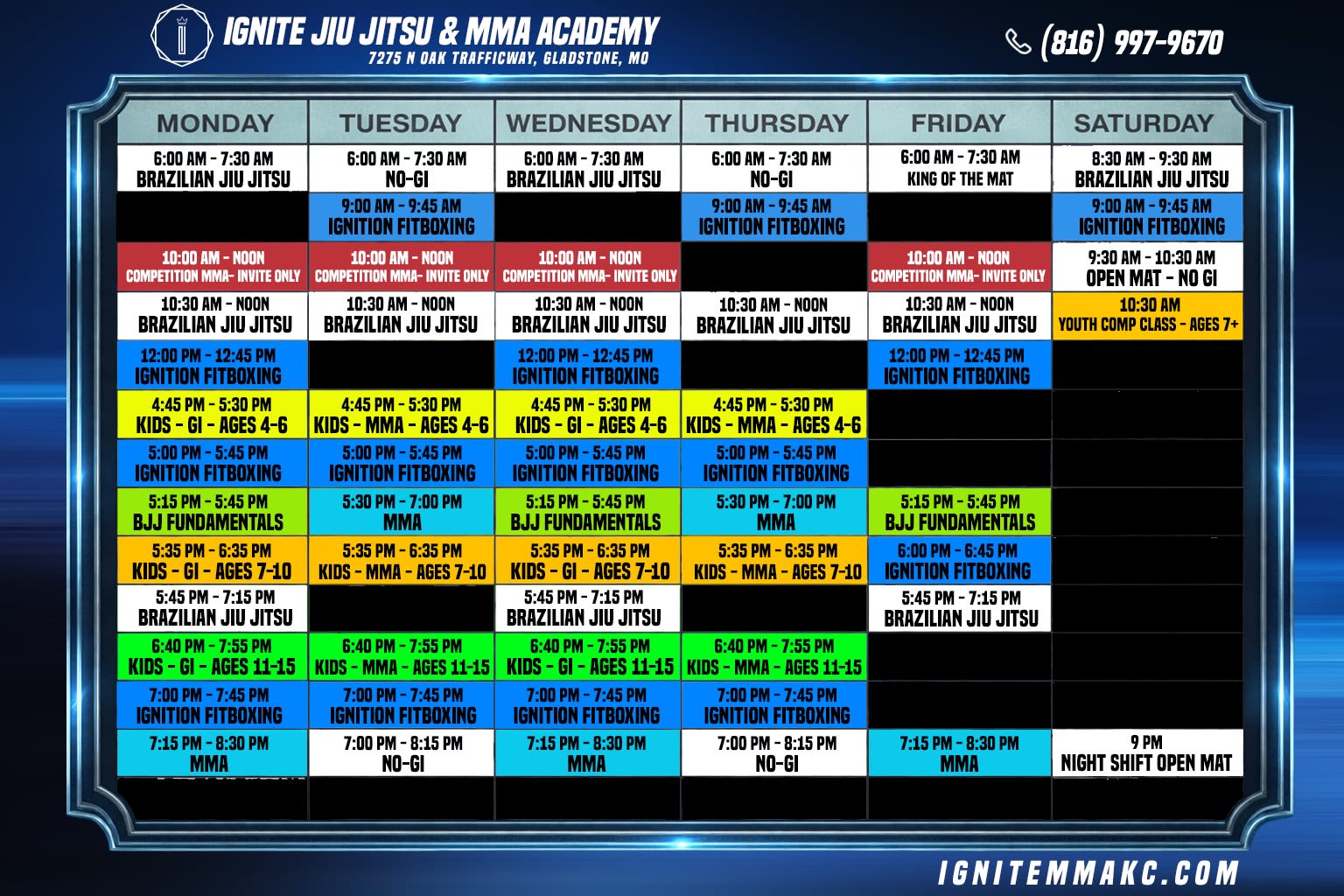 Ignite Jiu Jitsu and MMA Academy Schedule
