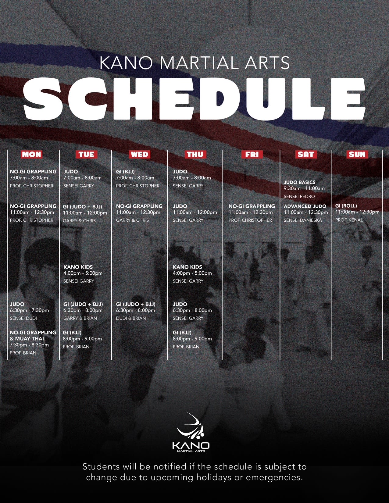 Kano Martial Arts Schedule