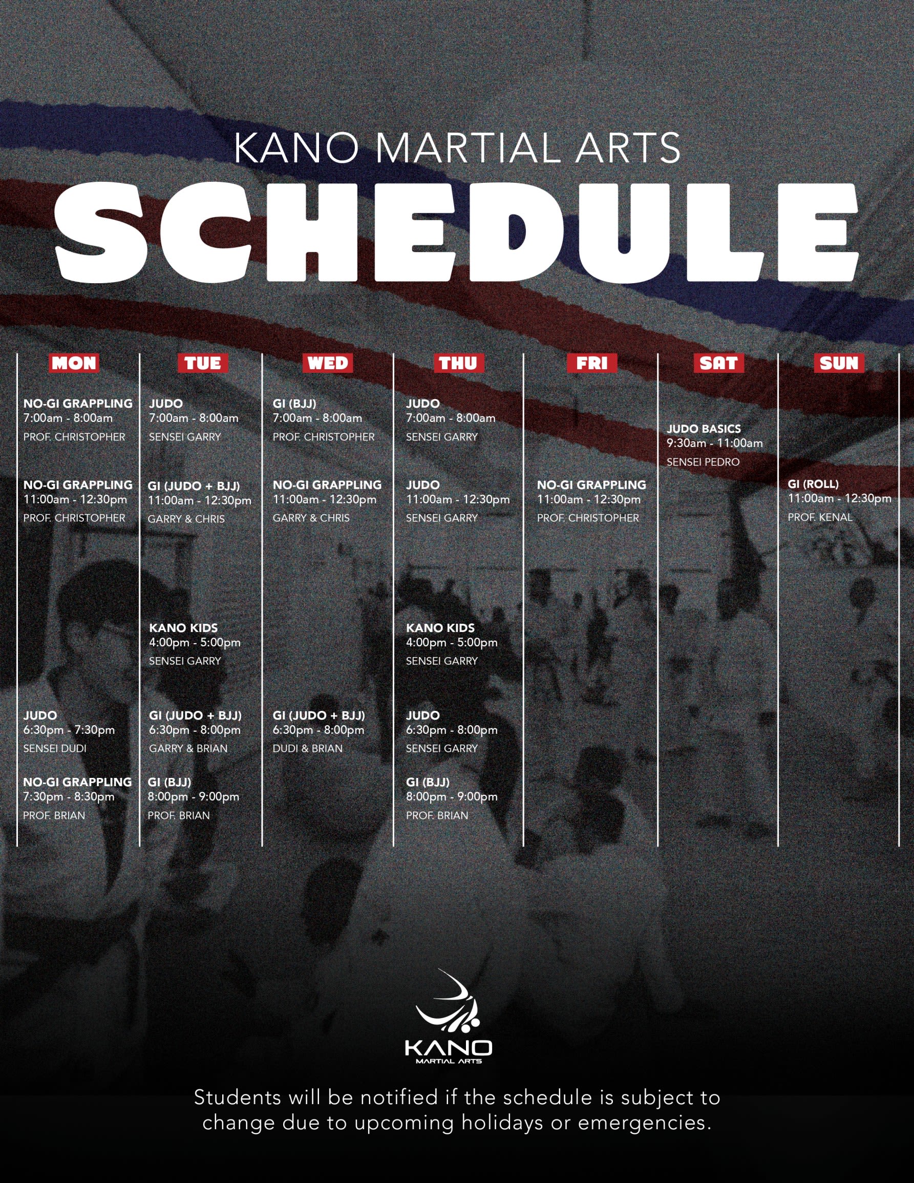 Kano Martial Arts Schedule