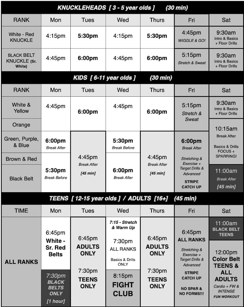 Dominach's Taekwondo Academy Schedule