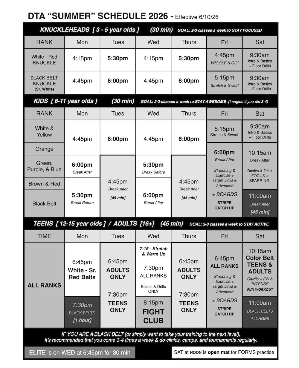 Dominach's Taekwondo Academy Schedule