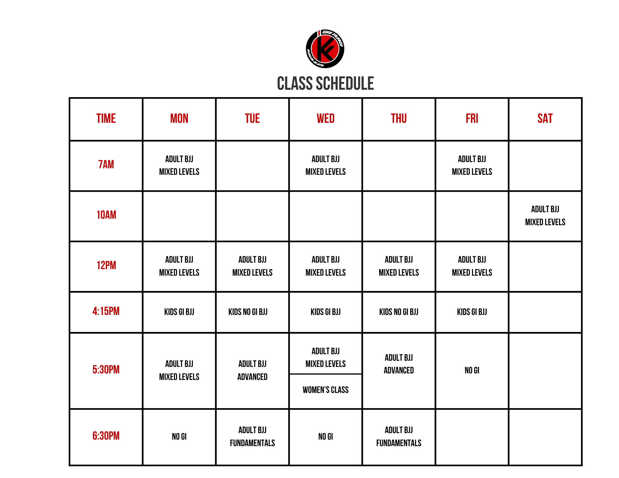 Kiko France BJJ Schedule