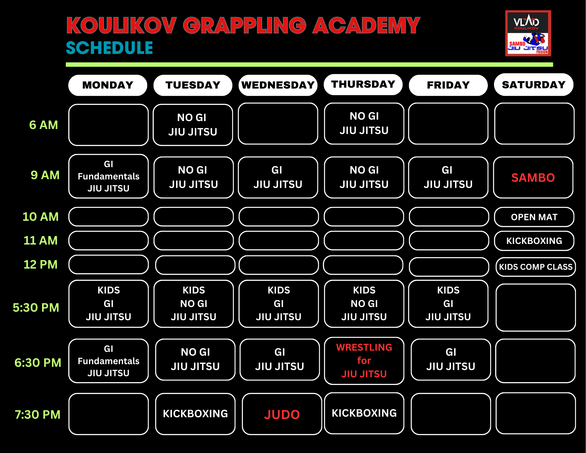 Koulikov Grappling Academy Schedule
