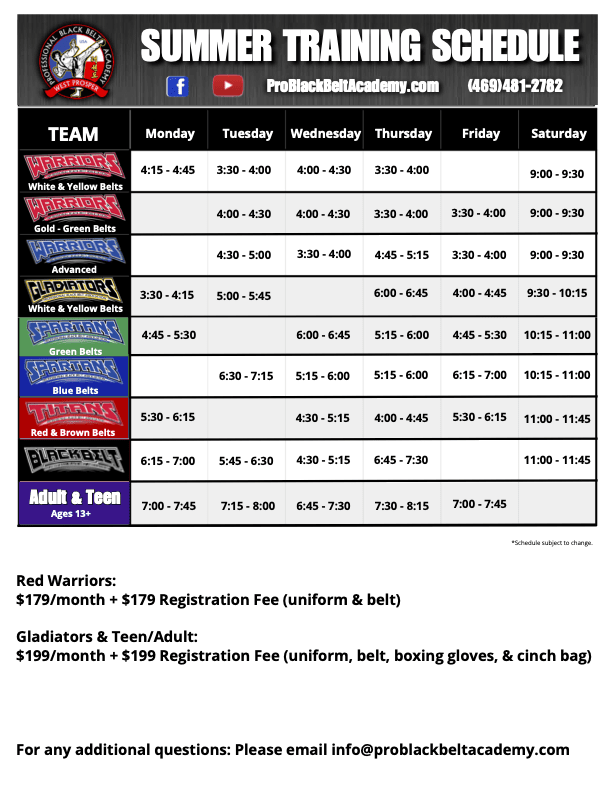 Professional Blackbelt Academy Schedule