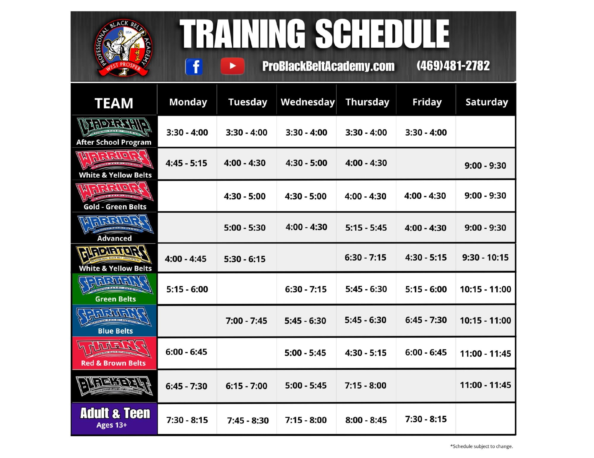 Professional Blackbelt Academy Schedule