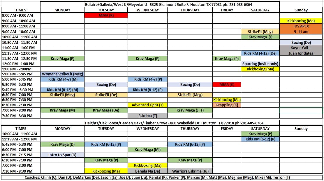 Level 6 Krav Maga Schedule
