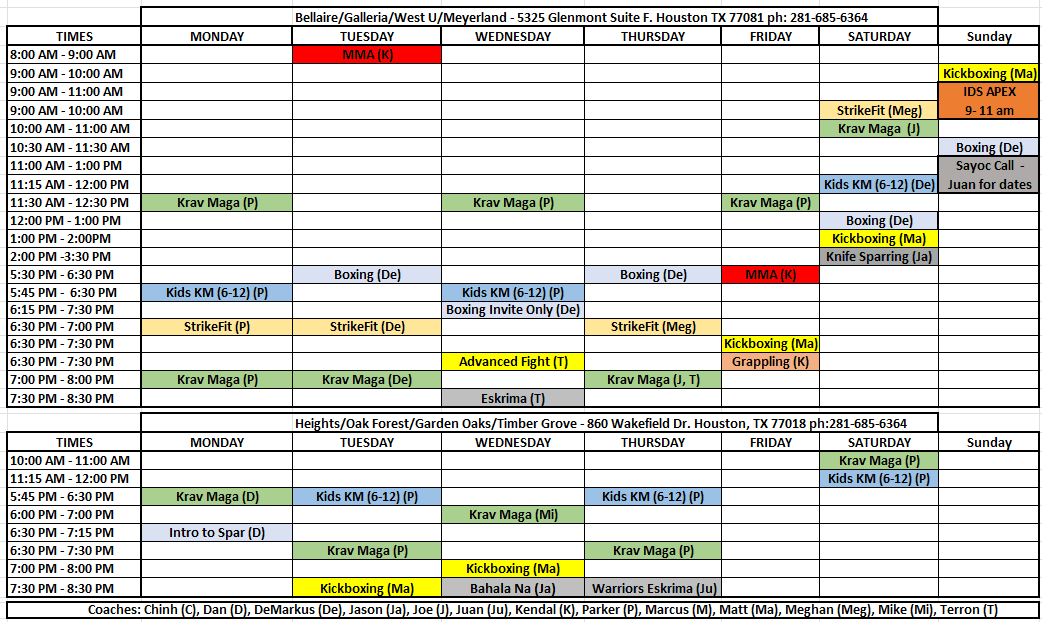 Level 6 Krav Maga Schedule