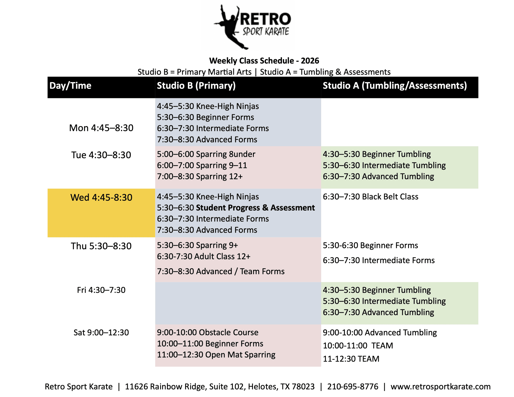 Retro Sport Karate Schedule
