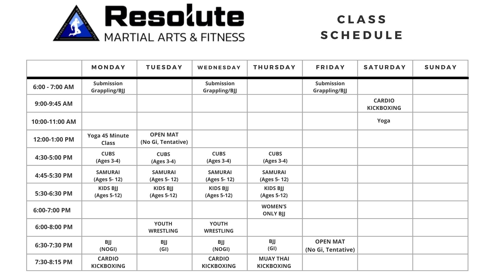 Resolute Martial Arts & Fitness Schedule