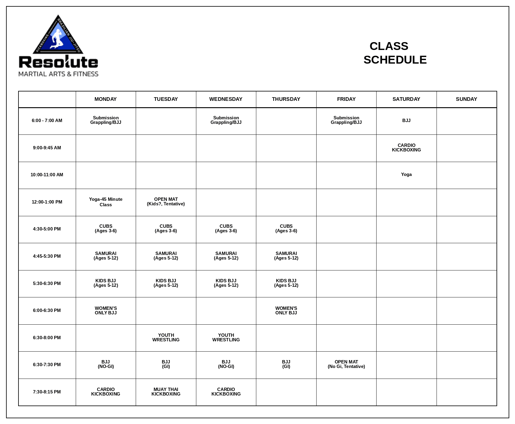 Resolute Martial Arts & Fitness Schedule