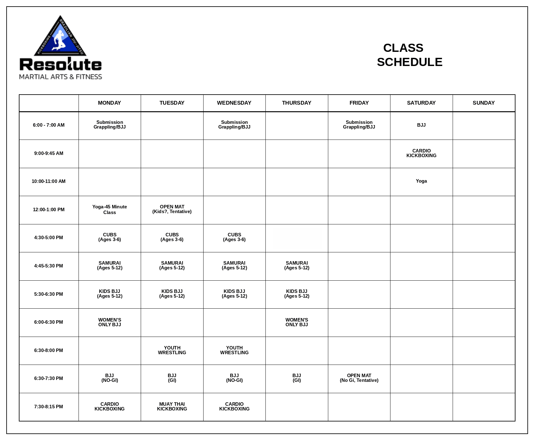 Resolute Martial Arts & Fitness Schedule