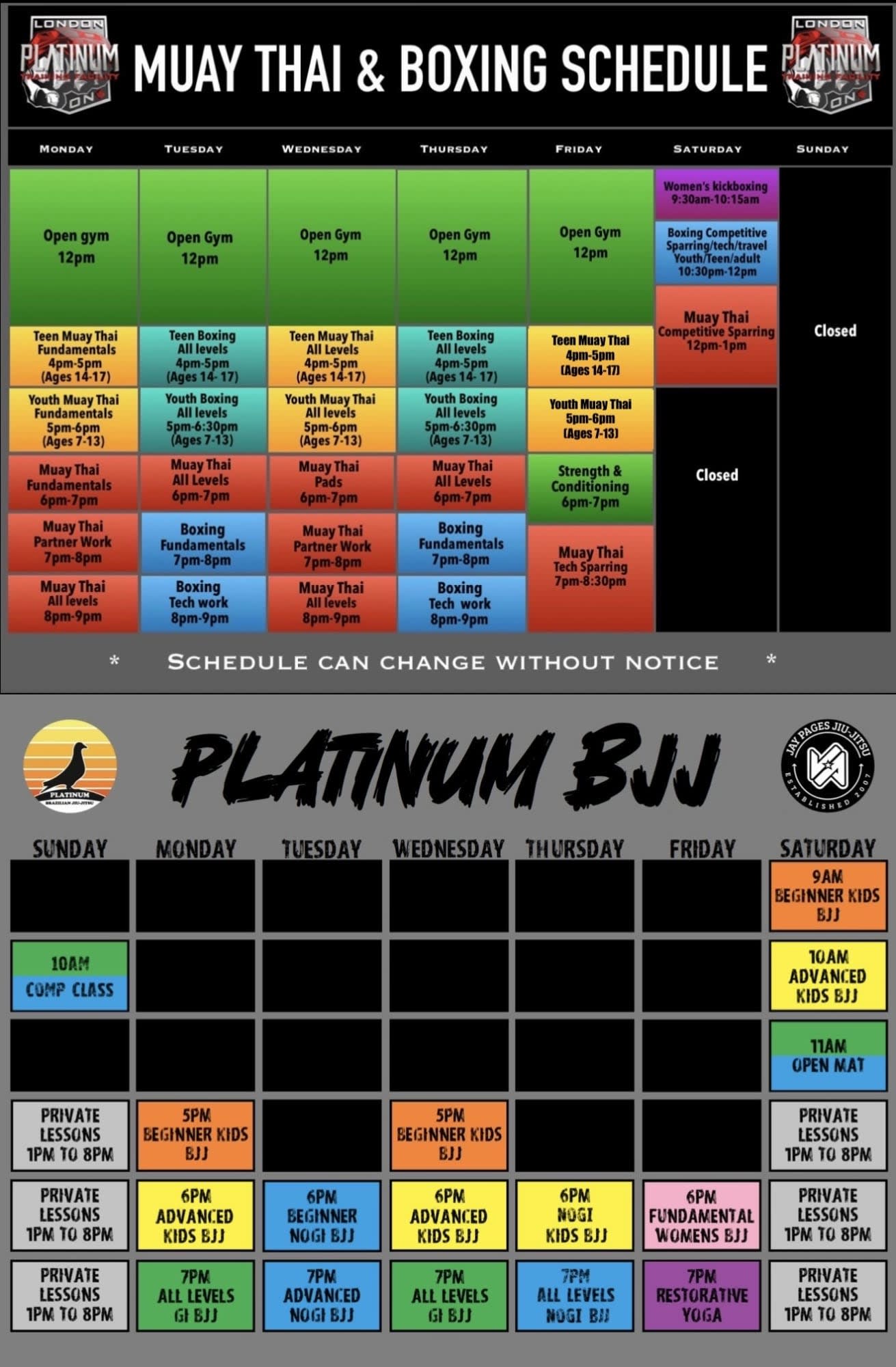 Platinum Training Facility Schedule