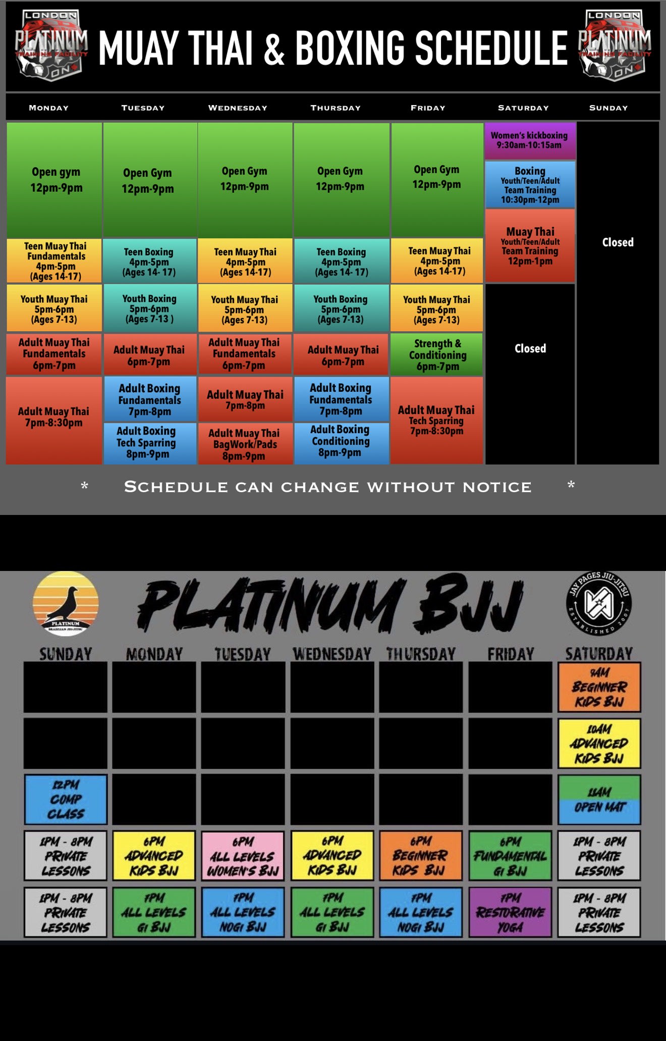 Platinum Training Facility Schedule