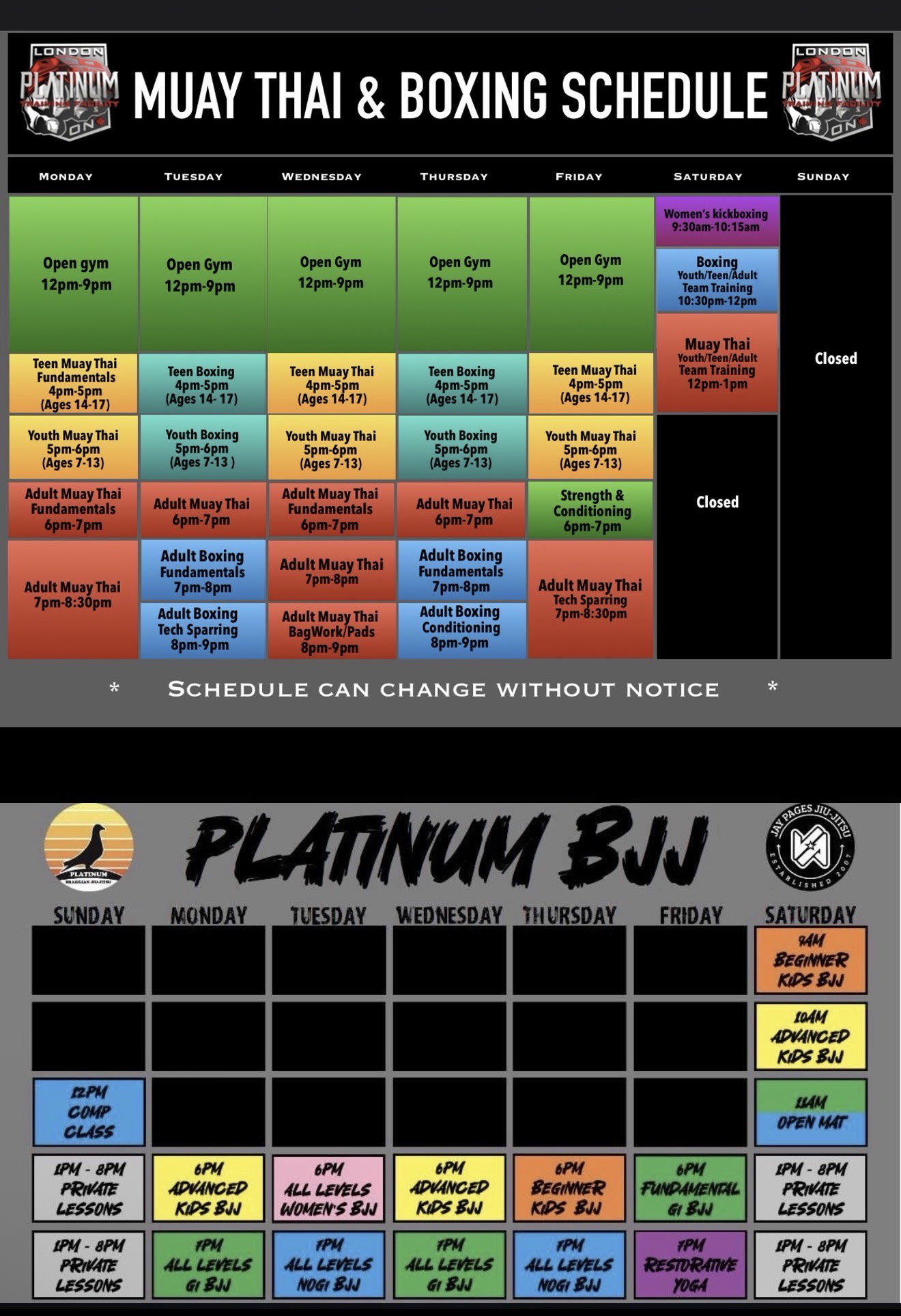 Platinum Training Facility Schedule