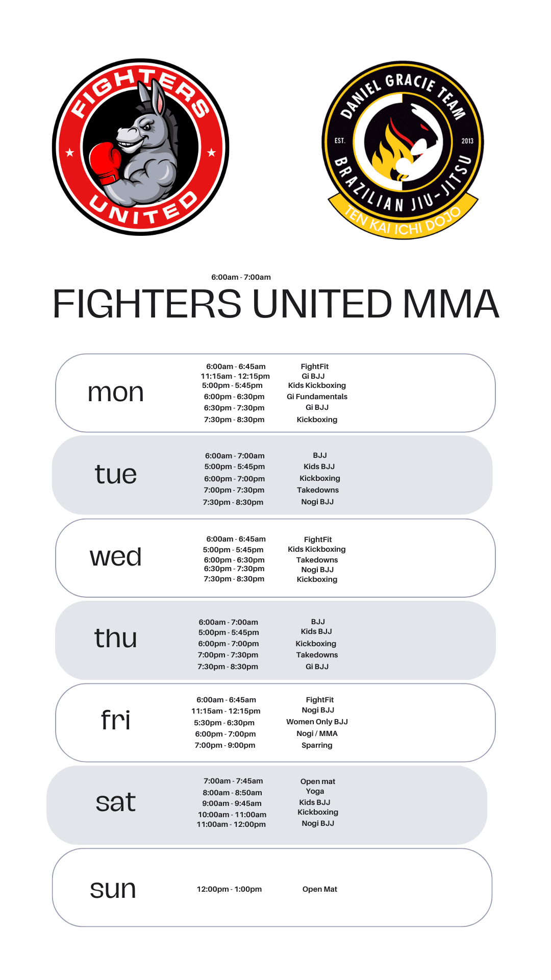 Fighters United Schedule