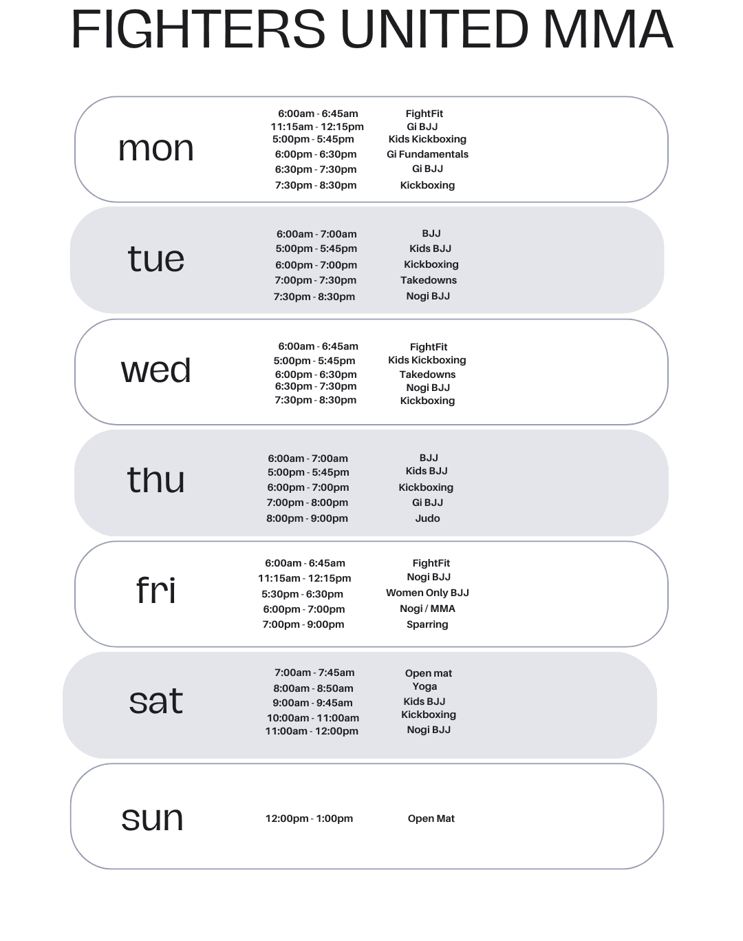 Fighters United Schedule