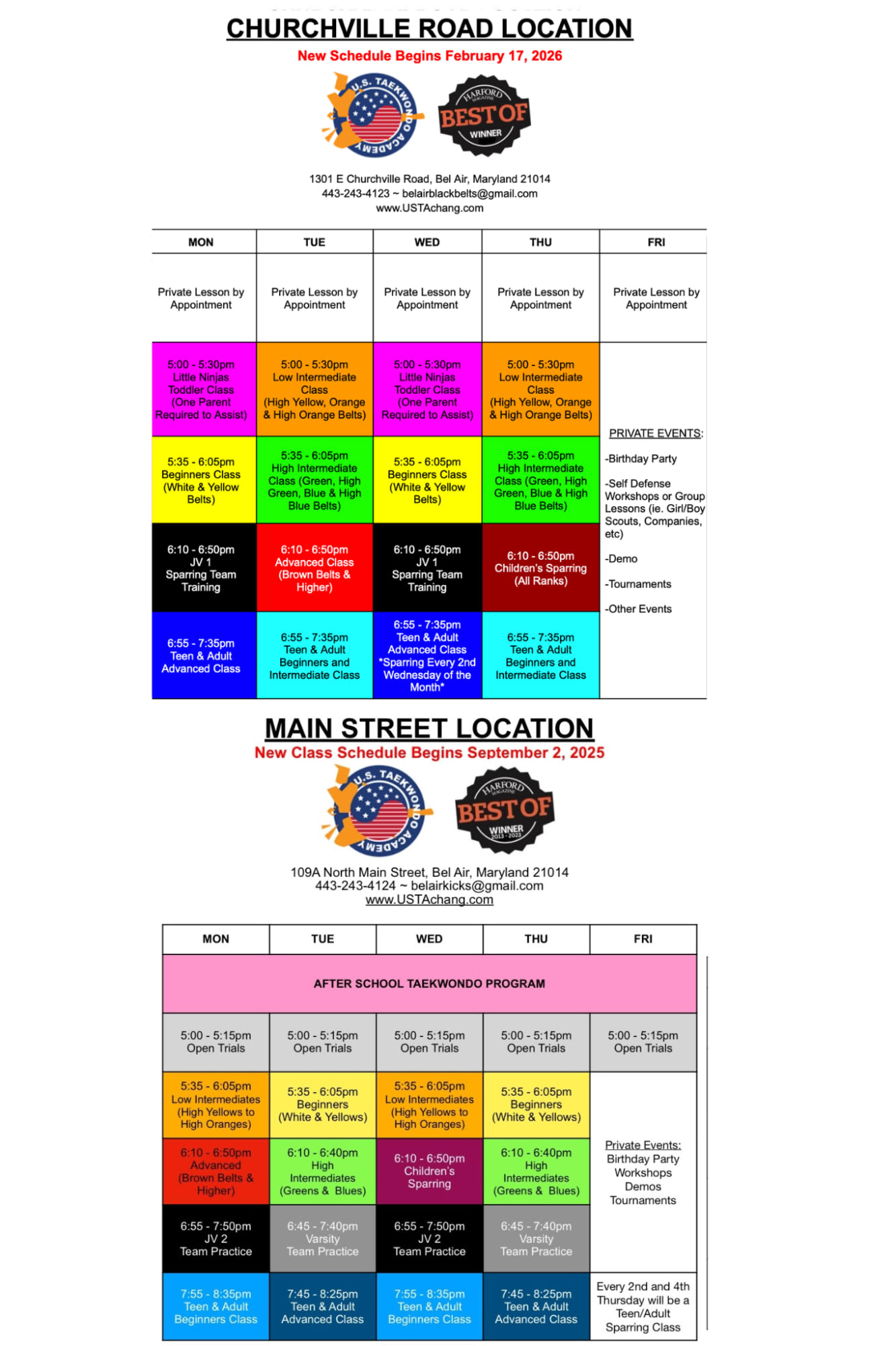 U.S. Taekwondo Academy Schedule