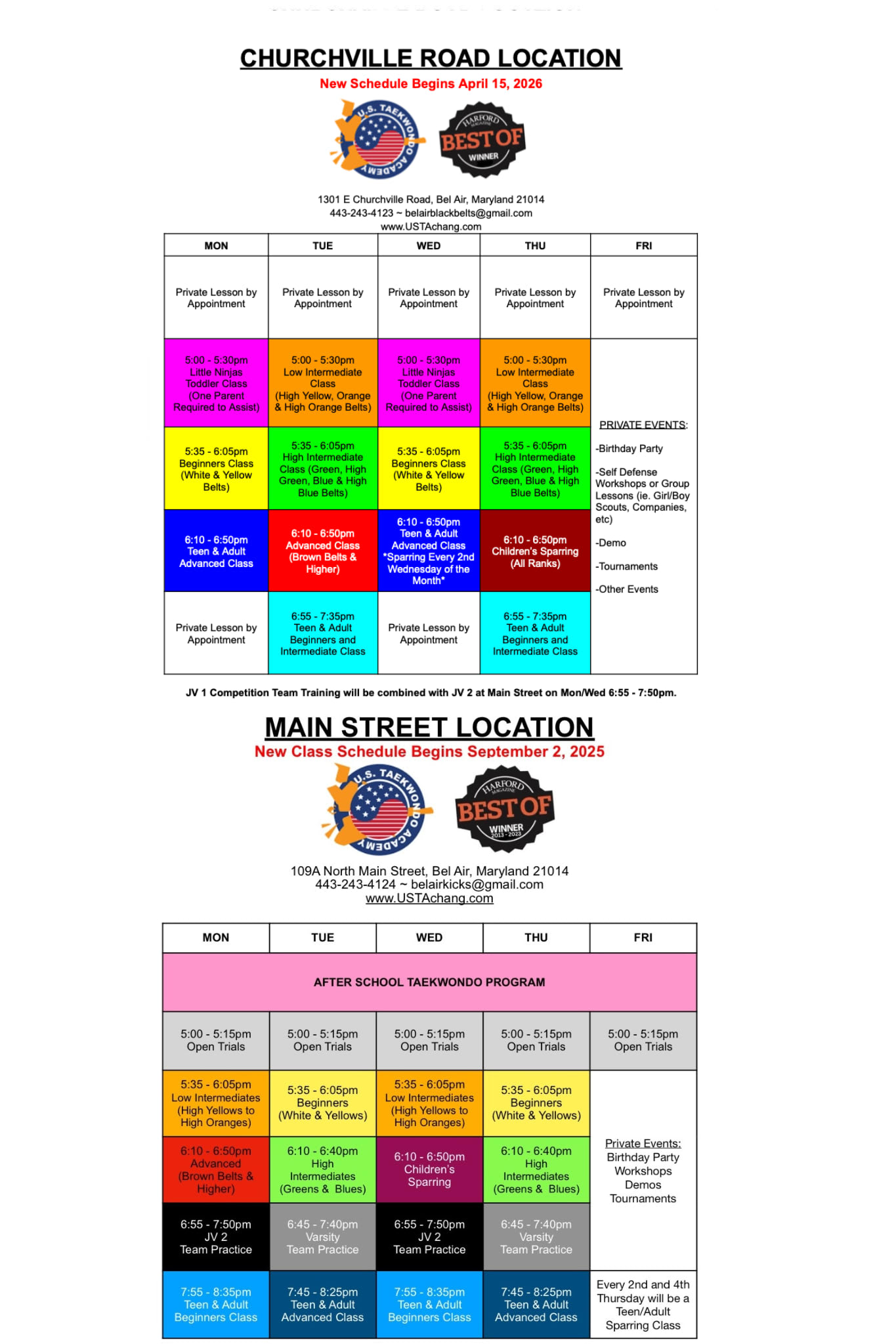 U.S. Taekwondo Academy Schedule