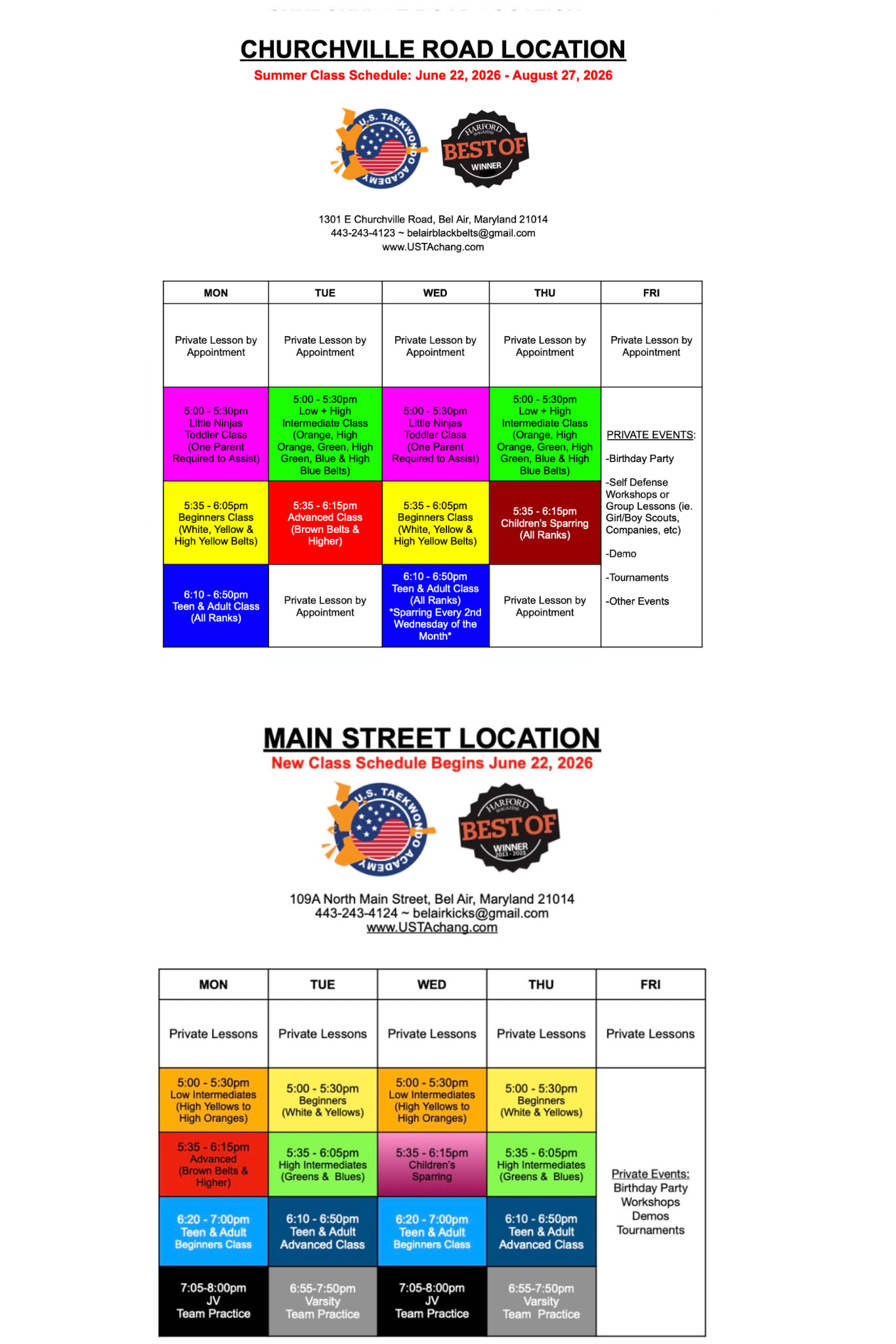 U.S. Taekwondo Academy Schedule