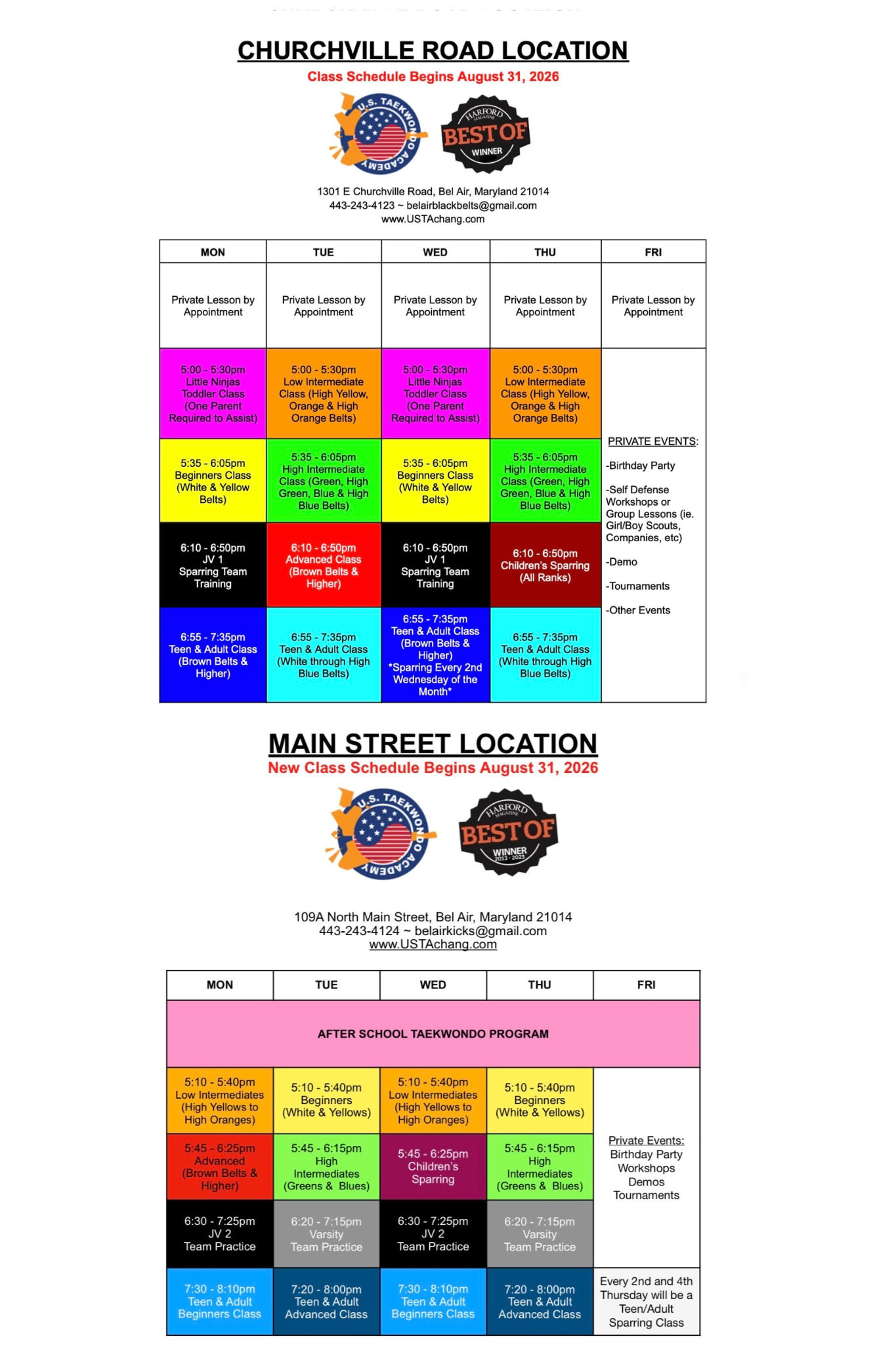 U.S. Taekwondo Academy Schedule