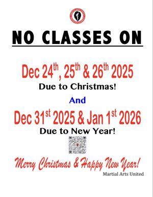 2025 Martial Arts United Holiday Break Schedule