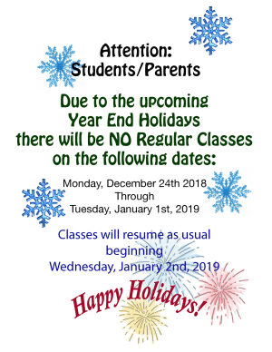 2018 Holiday Closing Schedule