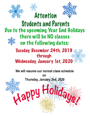 2019 Holiday Closing Schedule