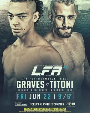 Jordan Titoni is LFA: Legacy Fighting Alliance FIGHT POSTER OFFICIAL! Watch live on AXS TV Fights next Friday 6/22 at 7pm MDT!