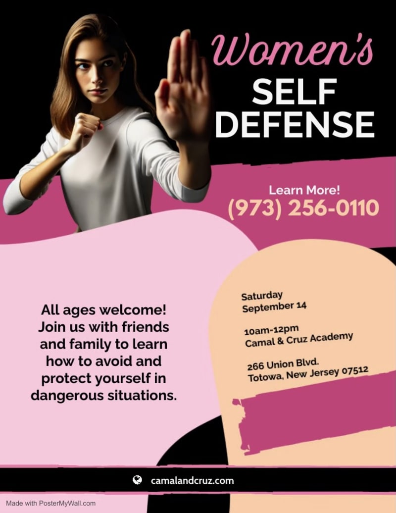 Woman demonstrating self-defense pose for women's self-defense class at Camal & Cruz Academy in Totowa, New Jersey, promoting safety and empowerment.