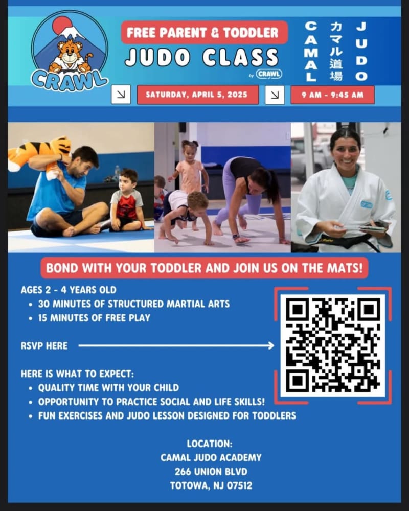 Free parent and toddler Judo class promotional flyer featuring children participating in martial arts, a smiling instructor, and details about the event, including age range and location at Camal Judo Academy in Totowa, NJ.