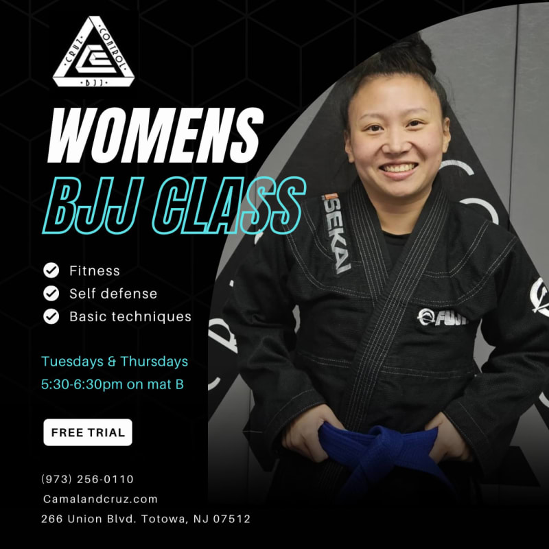 Woman in a black BJJ gi promoting women's Brazilian Jiu Jitsu class, highlighting fitness, self-defense, and basic techniques, with class schedule and contact information for Camal & Cruz Judo & Jiu Jitsu.