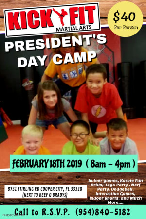Inviting all Cooper City, Davie, Weston, and Pembroke Pines Kids! We got President's Day Camp at Kickfit Martial Arts